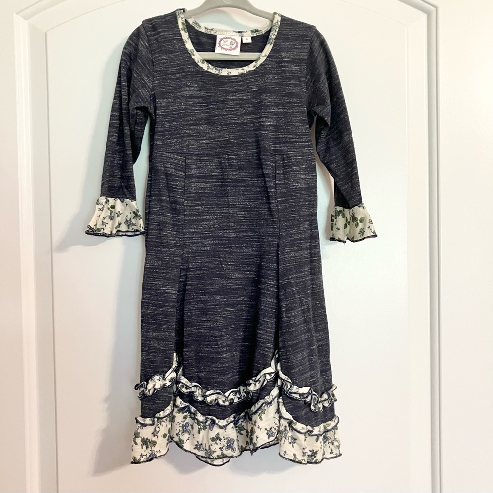 Lilli Lovebird heathered blue boho dress cream floral tiered ruffle accents Sz 4